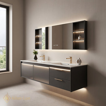 60''-96'' Modern Bathroom Vanity with Sink Double Sink Soft Matte Grey Floating Line Mirror