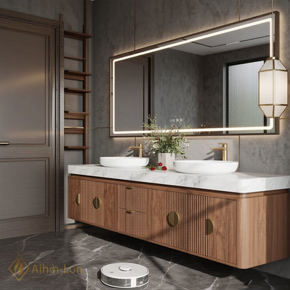 76''-96'' Double Bathroom Vanity with Sink Warm Wood Marble Top Gold Knobs