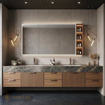 72''-96'' Double Bathroom Vanity with Sink Dark Modern Floating Stone Countertop Front