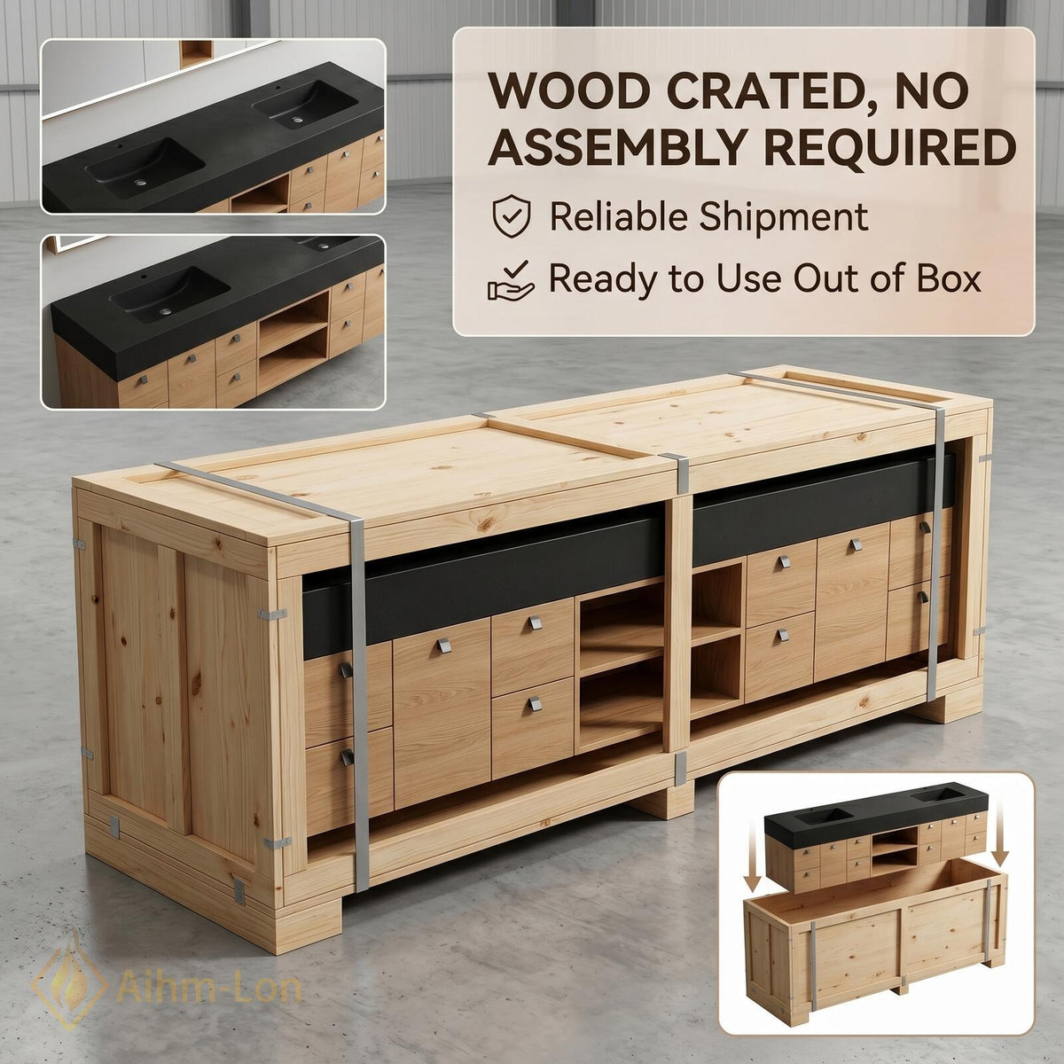 60''-96'' Double Bathroom Vanity with Sink Dark Matte Top Light Wood Drawers