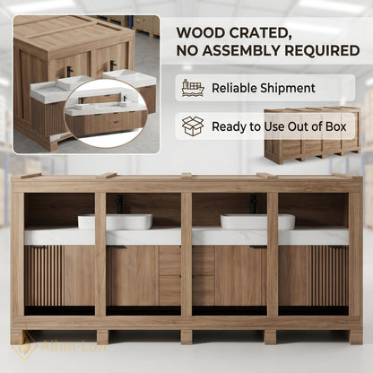 70''-96'' Elegant Double Bathroom Vanity with Sink Floating Wood Texture Slatted Open