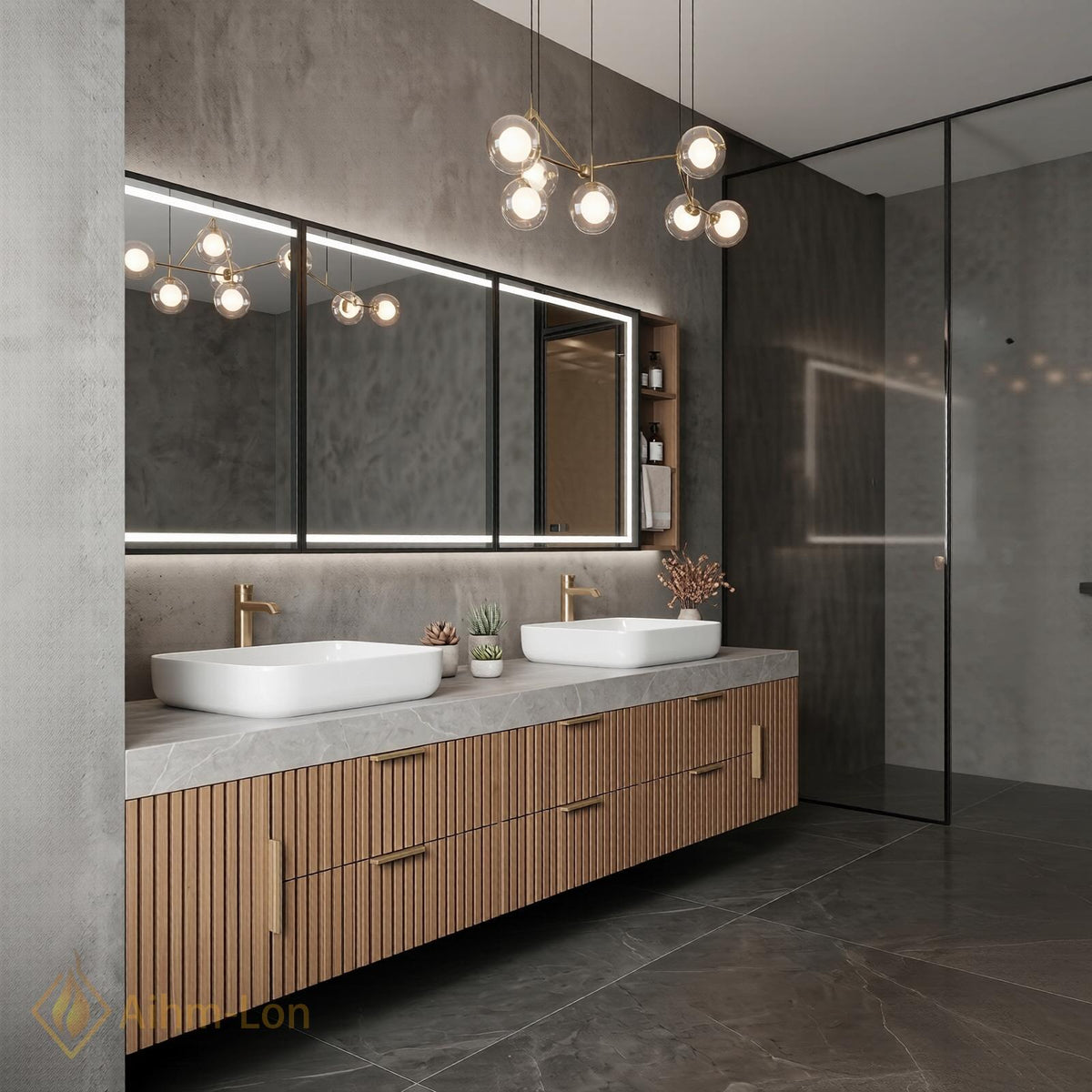 60''-96'' Double Bathroom Vanity with Sink Modern Slatted Warm Wood Grain Cabinet