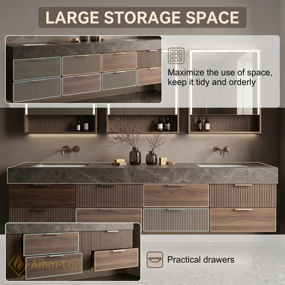 60''-96'' Double Bathroom Vanity with Sink Matte Grey Slatted Side Panels Shelving