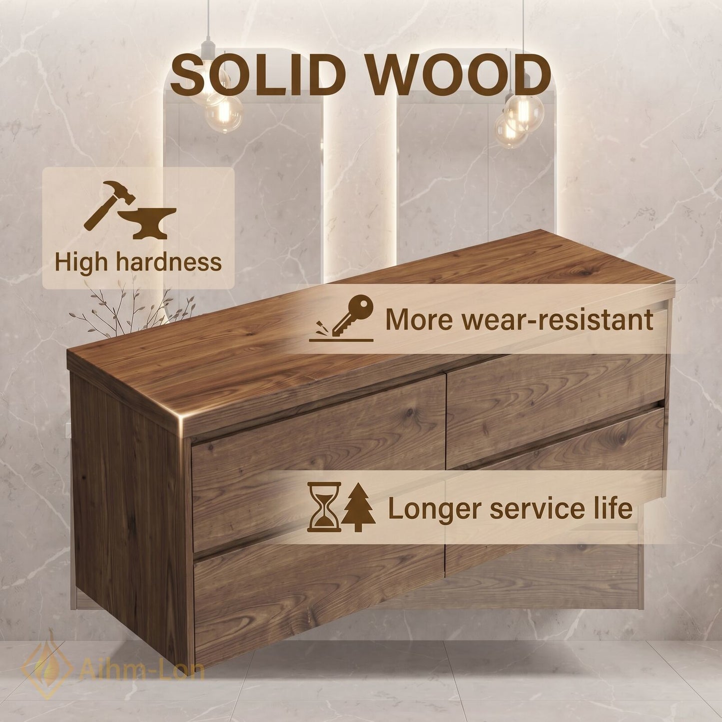 60''-96'' Modern Bathroom Vanity with Sink Floating Dark Wood Grain Dual Basin Drawers