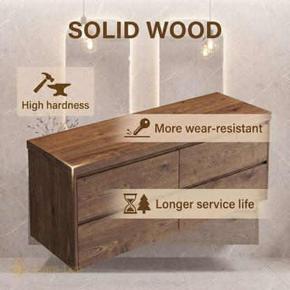 60''-96'' Modern Bathroom Vanity with Sink Floating Dark Wood Grain Dual Basin Drawers