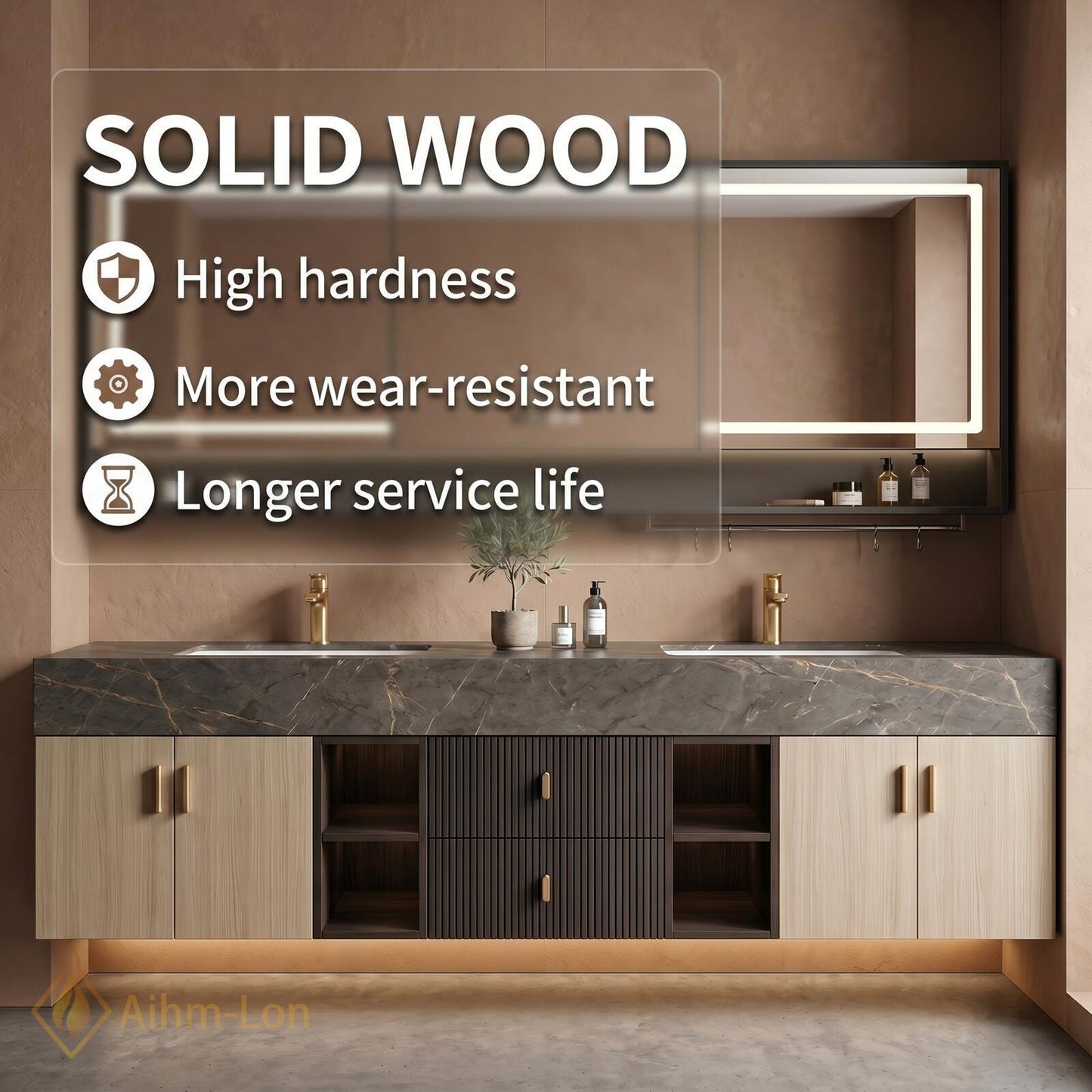 60''-96'' Double Bathroom Vanity with Sink Modern Floating Dark Marble Slatted Panel