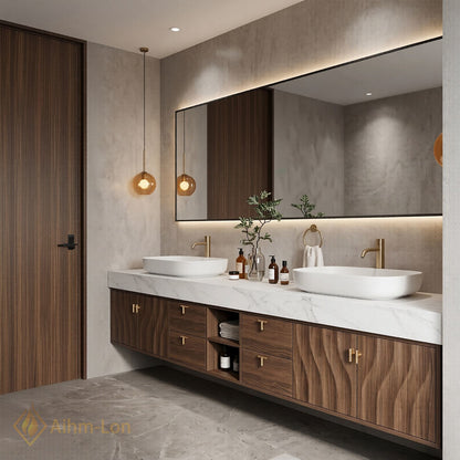 76''-96'' Double Bathroom Vanity with Sink Floating Open-Shelving Wavy Wood Thick Marble