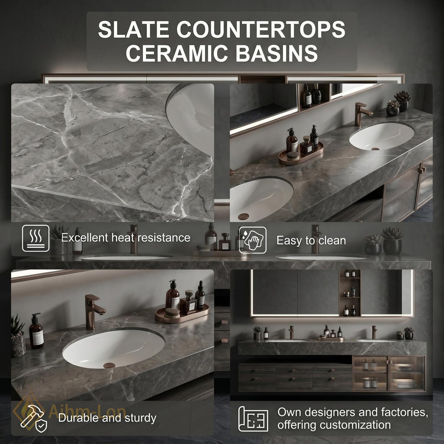 70''-96'' Double Bathroom Vanity with Sink Modern Floating Dark Grey Marble Mirror