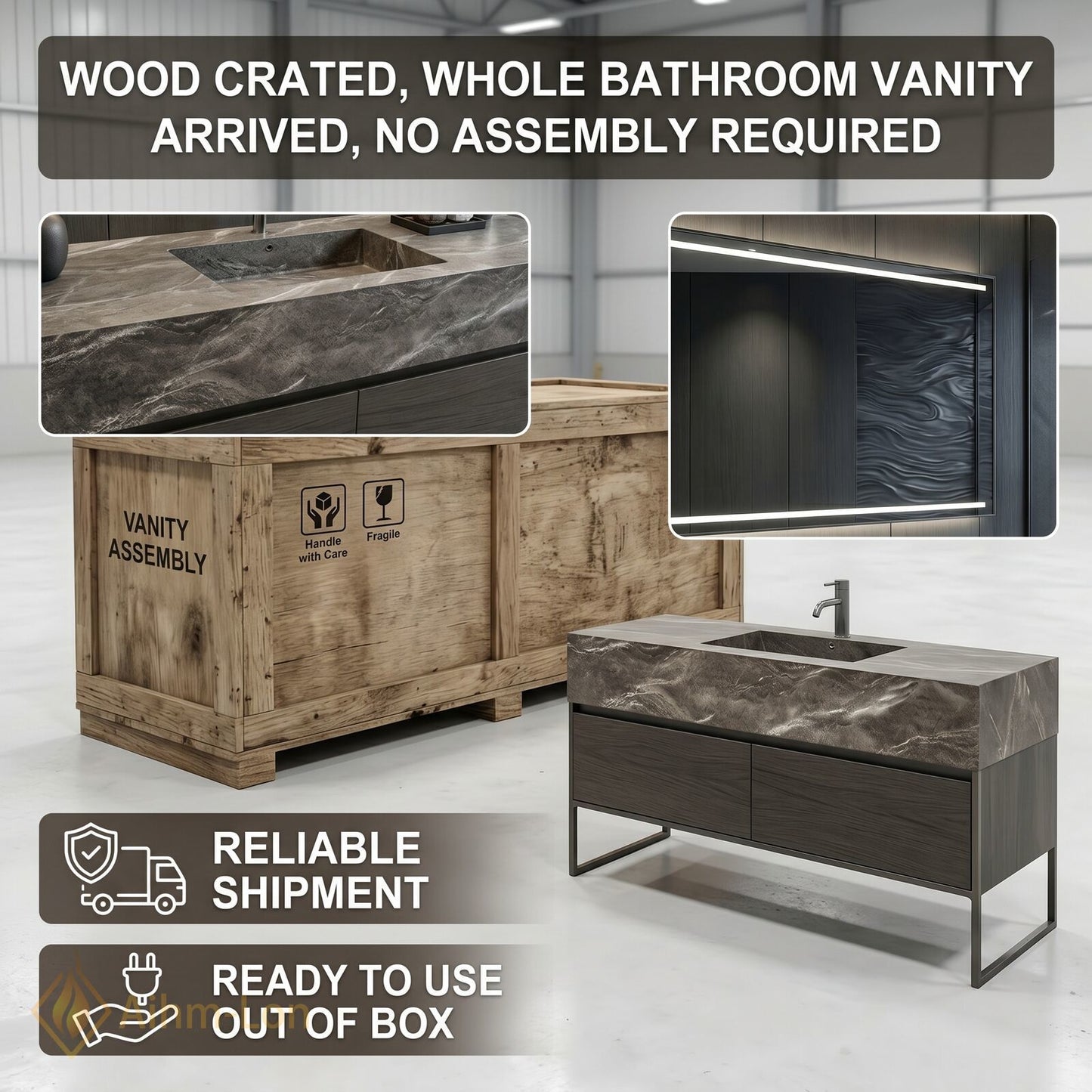 36''-64'' Modern Bathroom Vanity with Sink Grey Stone Veining Wood Grain Base