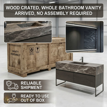 36''-64'' Modern Bathroom Vanity with Sink Grey Stone Veining Wood Grain Base