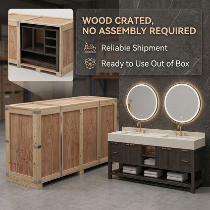 70''-96'' Double Bathroom Vanity with Sink Marble Top Dark Wood Grains Floating Shelf