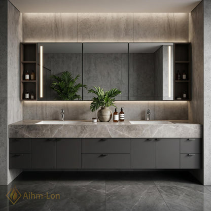 70''-96'' Double Bathroom Vanity with Sink Modern Floating Grey Marble-Look Mirror Storage