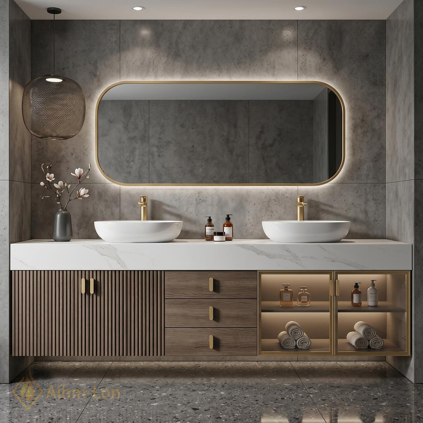 74''-96'' Double Bathroom Vanity with Sink Modern Floating Doors Glass Storage Open