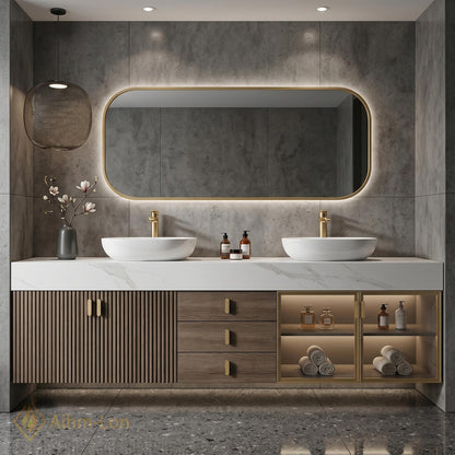 74''-96'' Double Bathroom Vanity with Sink Modern Floating Doors Glass Storage Open