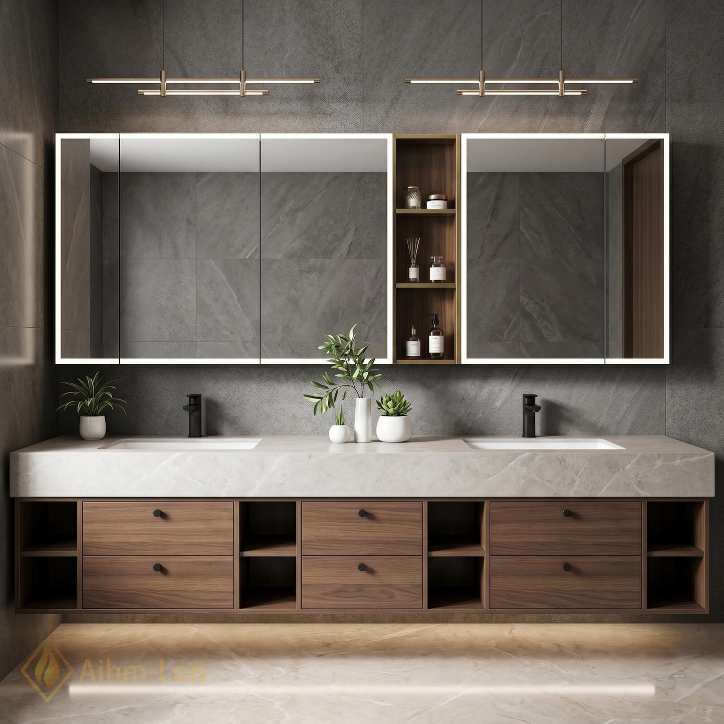 72''-96'' Double Bathroom Vanity with Sink Walnut Modern Floating Stone Countertop Open