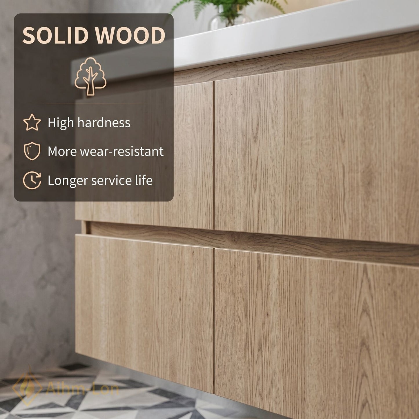 48''-64'' Modern Bathroom Vanity with Sink White Stone Wood Grain Side Shelving