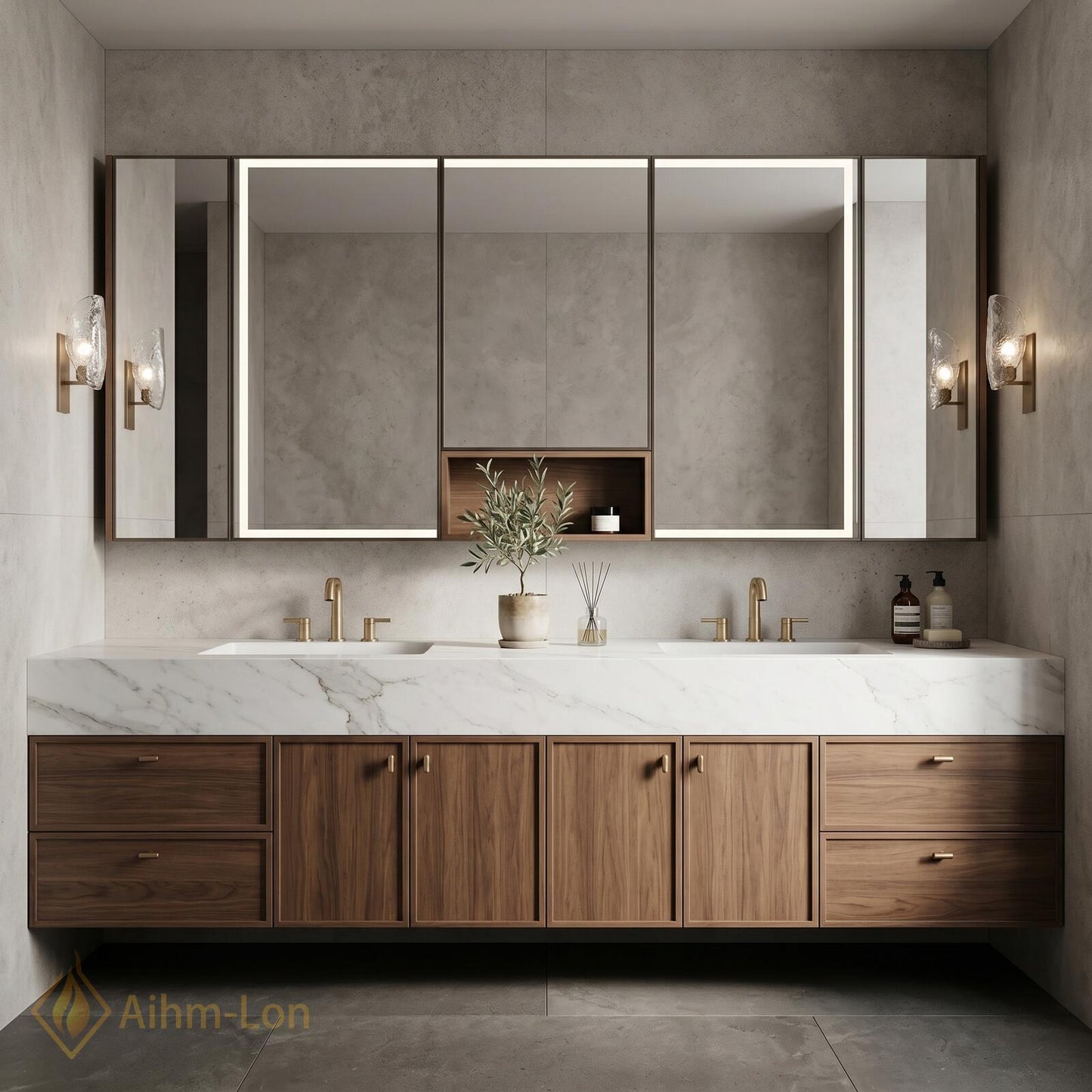 76''-96'' Double Bathroom Vanity with Sink Natural Wood Grain Center Open Shelving