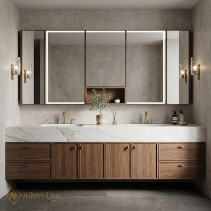 76''-96'' Double Bathroom Vanity with Sink Natural Wood Grain Center Open Shelving