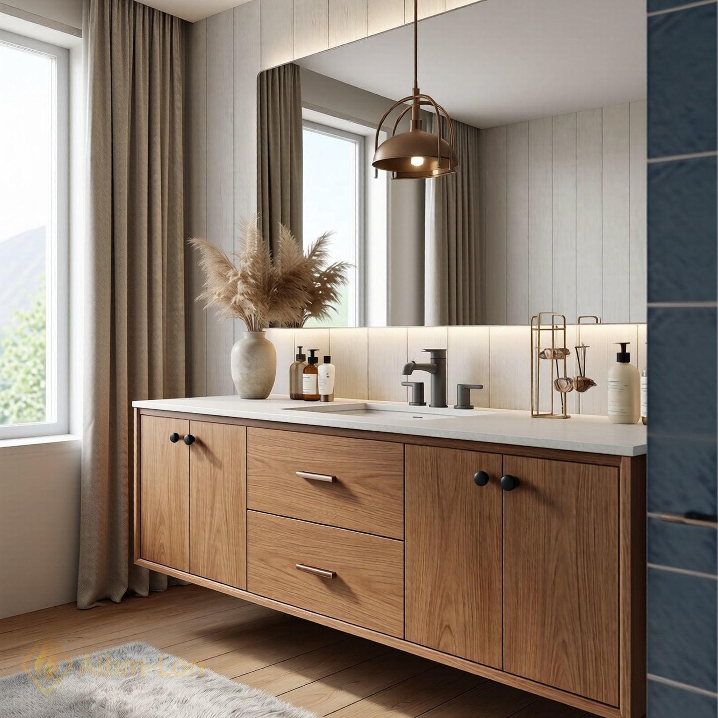 40''-64'' Modern Bathroom Vanity with Sink Floating Wood Grain Large Frame Mirror