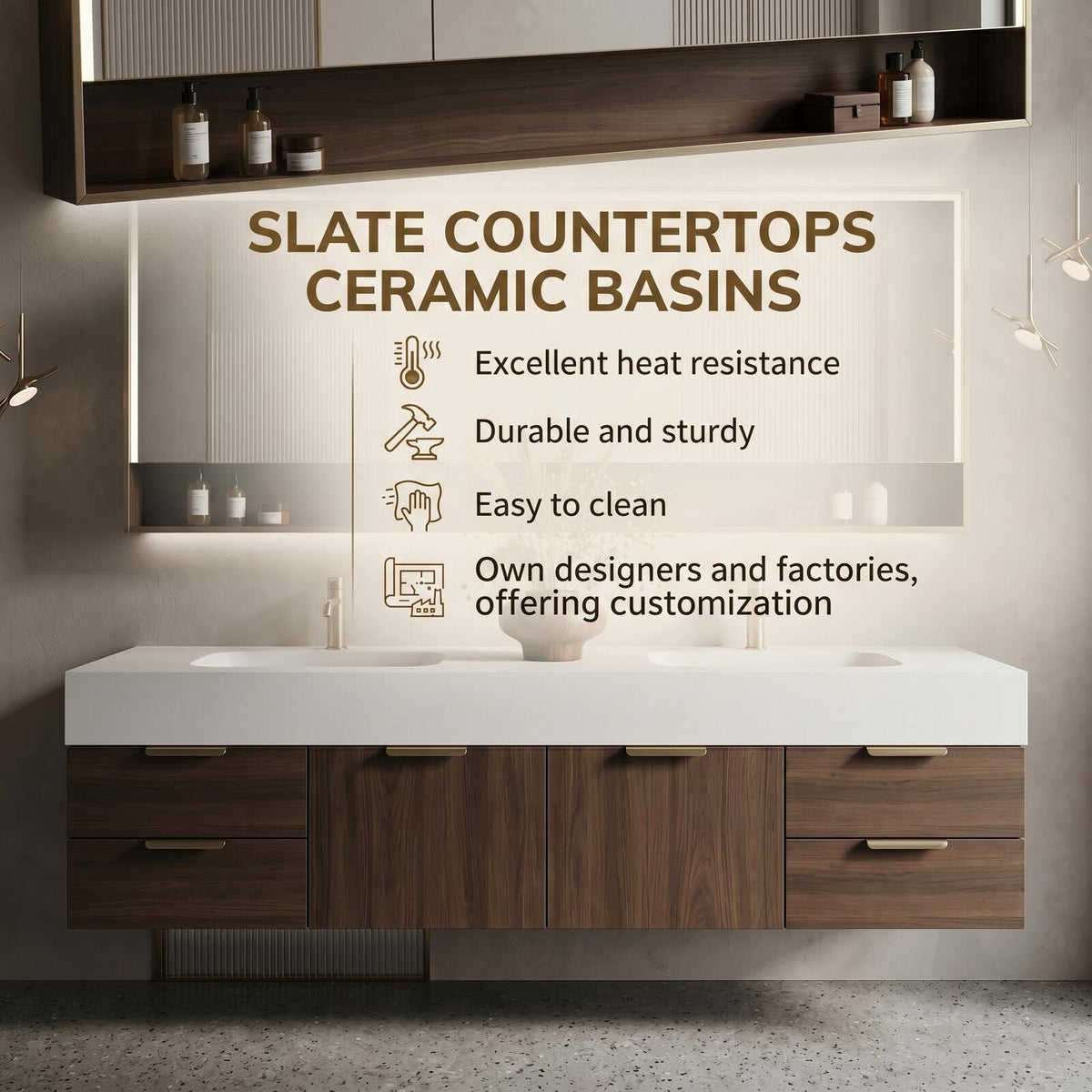 60''-96'' Double Bathroom Vanity with Sink Modern Floating Walnut Finish Fluted Mirror Panel