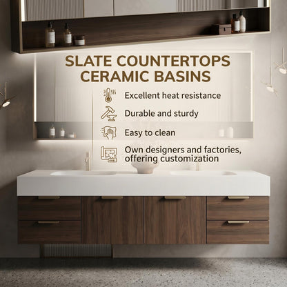 60''-96'' Double Bathroom Vanity with Sink Modern Floating Walnut Finish Fluted Mirror Panel