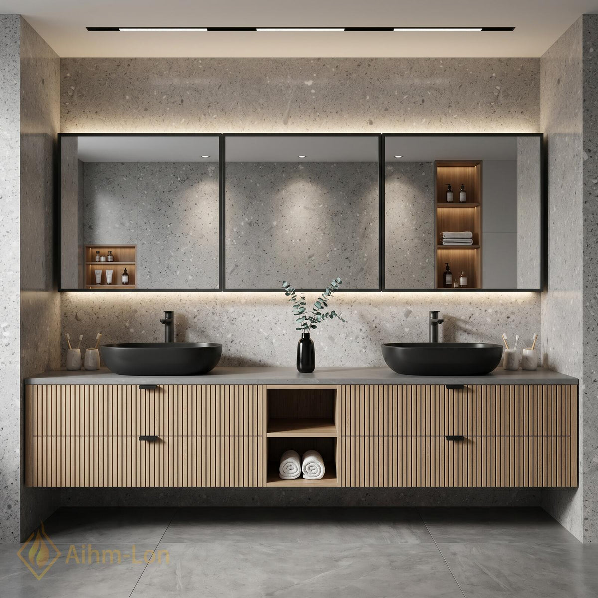 60''-96'' Double Bathroom Vanity with Sink Floating Double Slatted Wood Grey Center