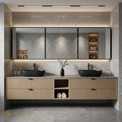 60''-96'' Double Bathroom Vanity with Sink Floating Double Slatted Wood Grey Center