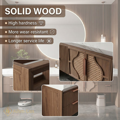 76''-96'' Double Bathroom Vanity with Sink Open Weave Panels Wood Grain Finish