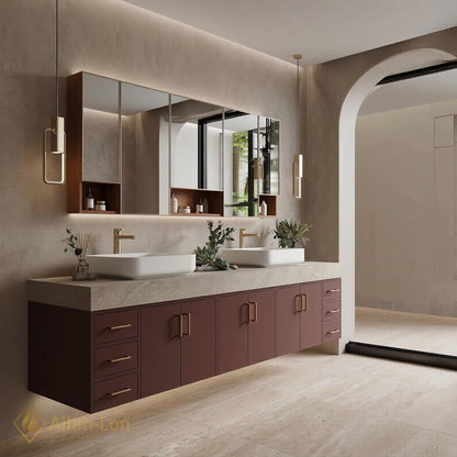 76''-96'' Bathroom Vanity with Sink Floating Double Stone Top Taupe Finish Spacious