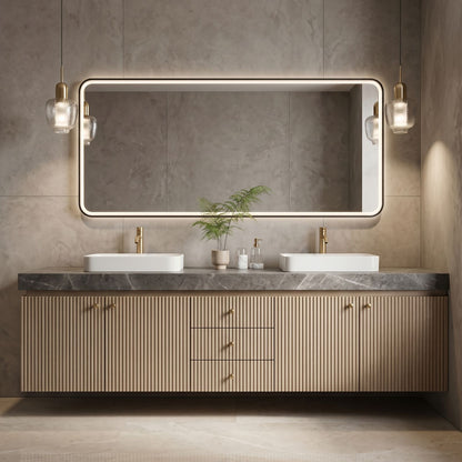60''-96'' Double Bathroom Vanity with Sink Ribbed Panel Fronts Slate Gray Top