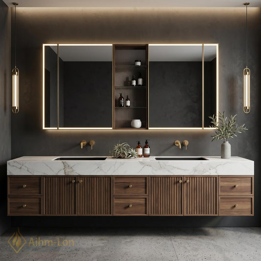 76''-96'' Double Bathroom Vanity with Sink Floating Double Dark Walnut Slatted Front