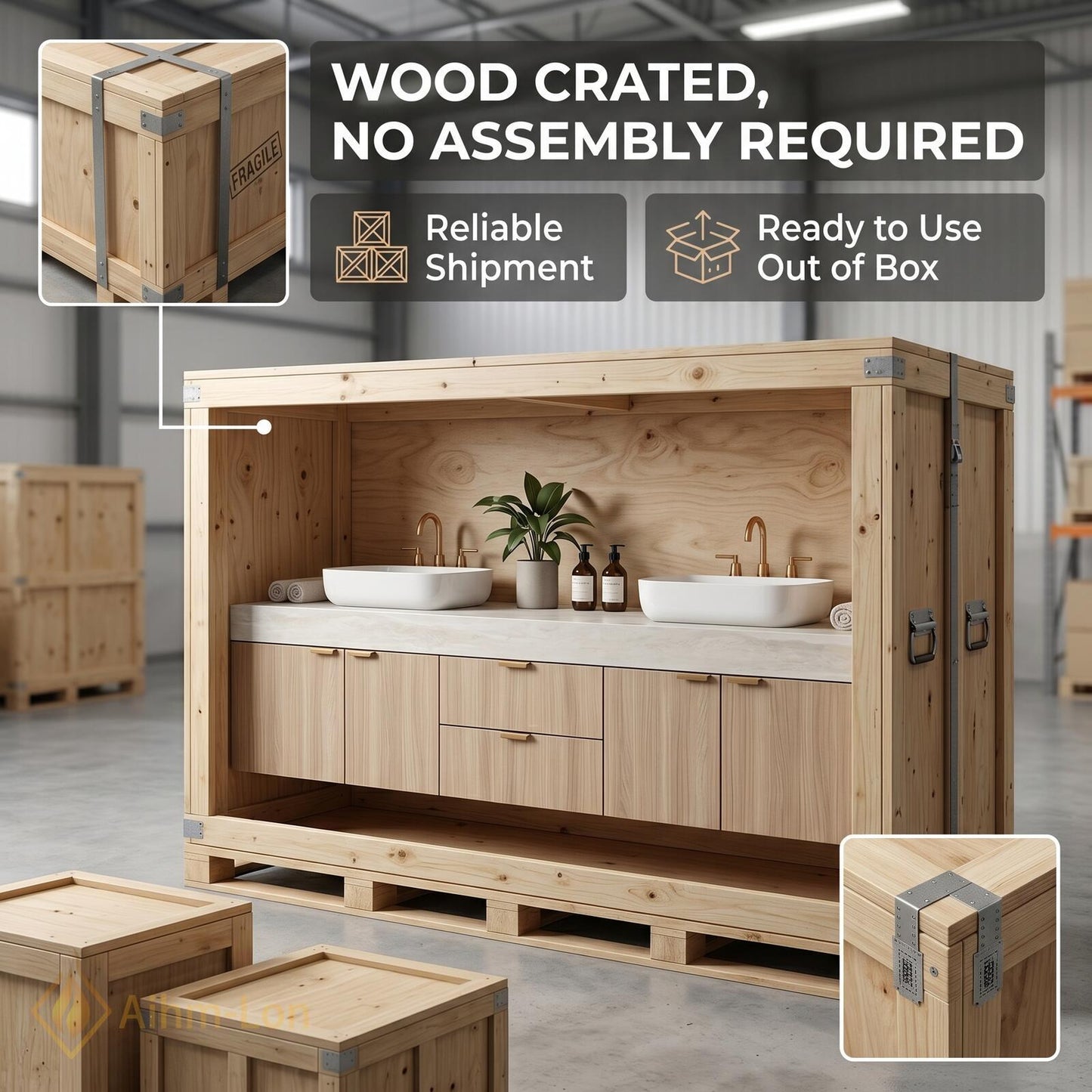 74''-96'' Double Bathroom Vanity with Sink Light-Wood Modern Grain Wall Mounted