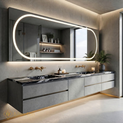 60''-96'' Floating Bathroom Vanity with Sink Double Basin Gray Textured Panels Round Mirror