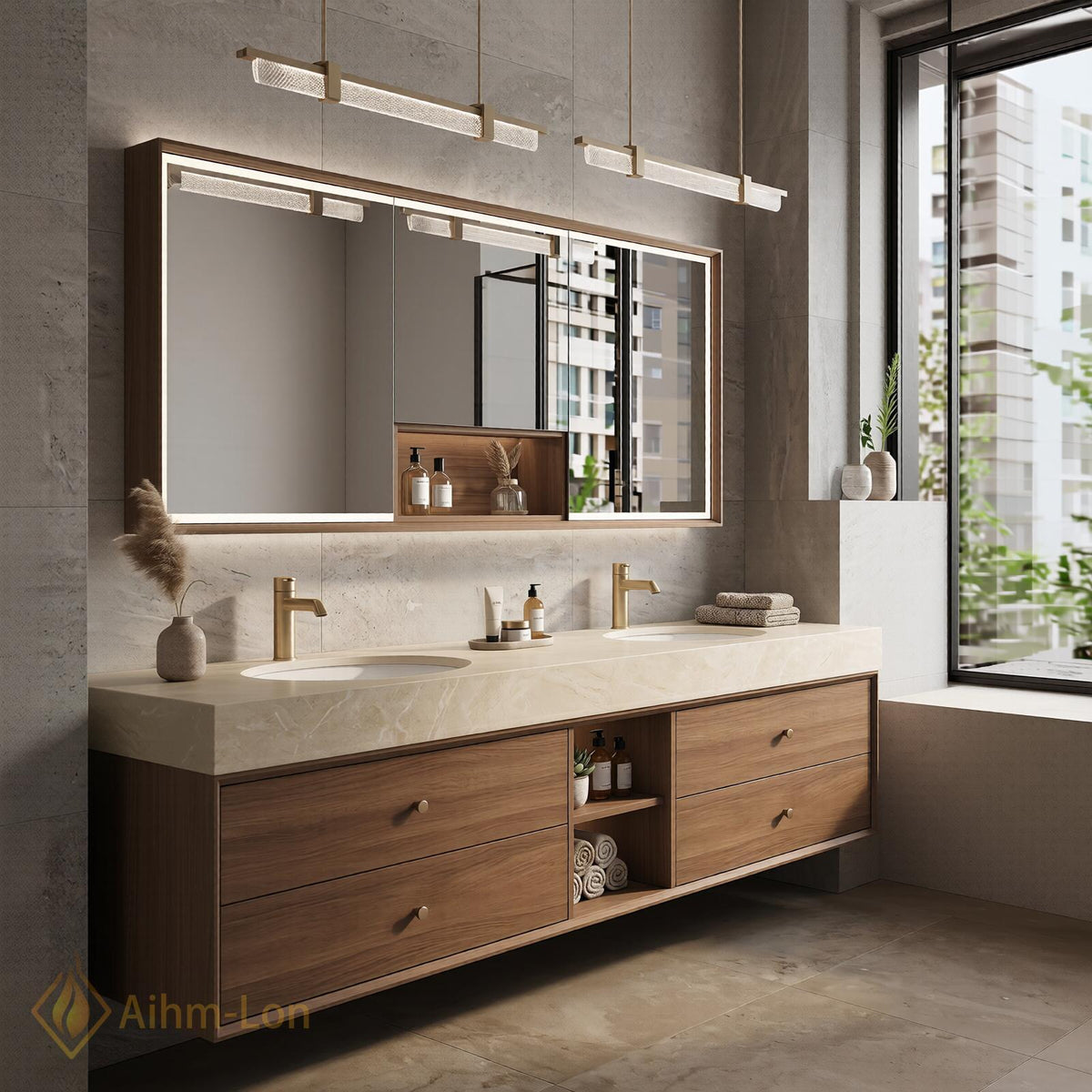 60''-96'' Double Bathroom Vanity with Sink Wall-Mounted Natural Wood Grain Finish Shelving
