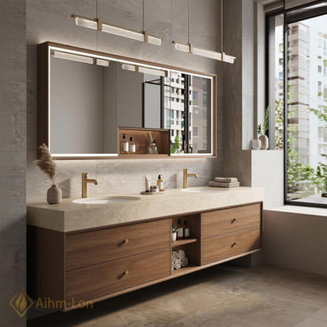 60''-96'' Double Bathroom Vanity with Sink Wall-Mounted Natural Wood Grain Finish Shelving