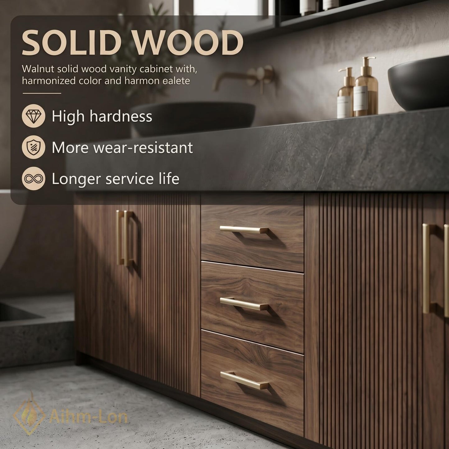 60''-96'' Double Bathroom Vanity with Sink Dark Stone Top Slatted Wood Drawers