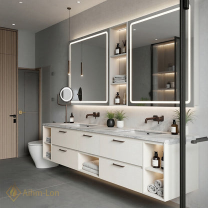 70''-96'' Double Bathroom Vanity with Sink Stone Top Illuminated Mirrors Storage