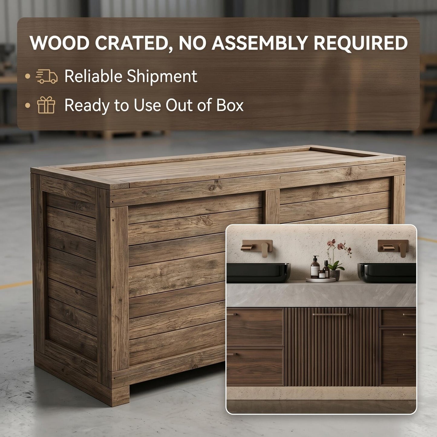 70''-96'' Modern Bathroom Vanity with Sink Double Sink Walnut Tone Fluted Panels Cabinet