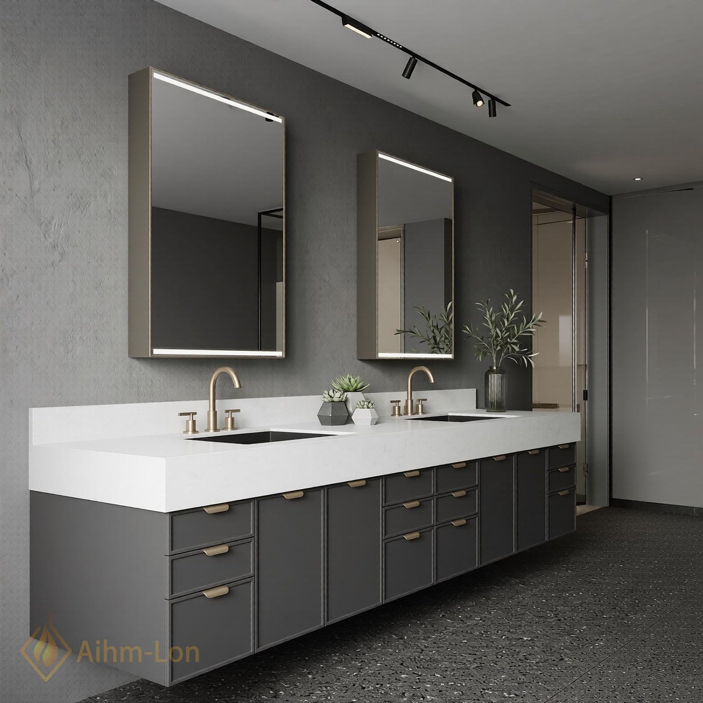 76''-96'' Modern Double Bathroom Vanity with Sink Floating Thick Stone Charcoal Finish
