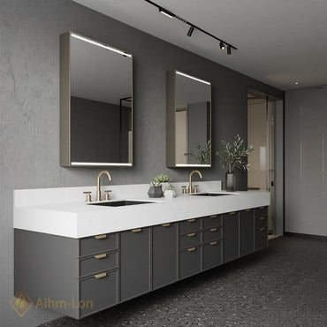 76''-96'' Modern Double Bathroom Vanity with Sink Floating Thick Stone Charcoal Finish