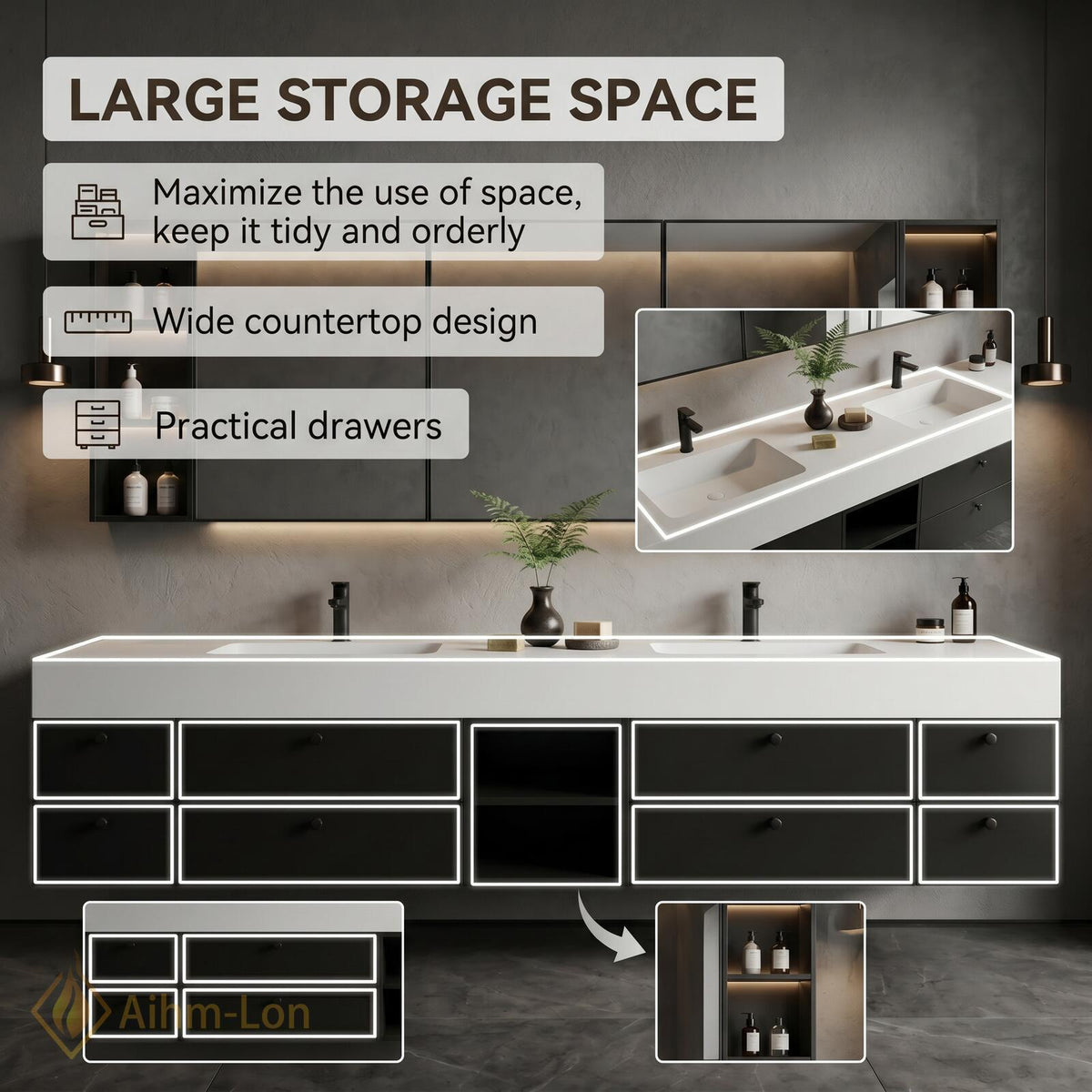 60''-96'' Double Bathroom Vanity with Sink Matte Black Finish Central Open Shelf