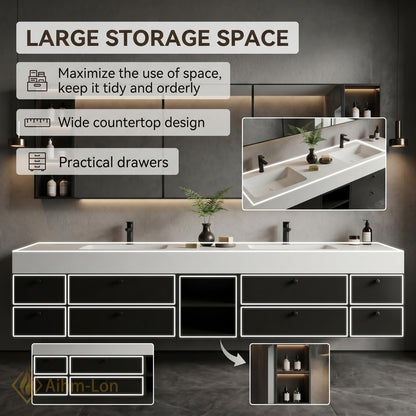 60''-96'' Double Bathroom Vanity with Sink Matte Black Finish Central Open Shelf