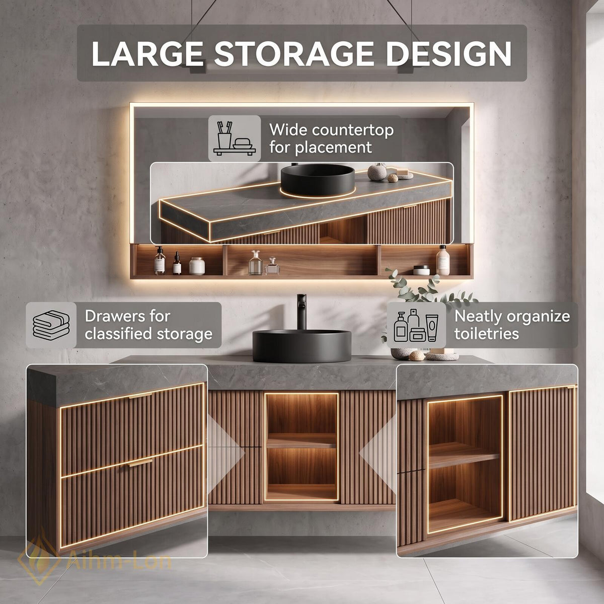 36''-110'' Floating Bathroom Vanity with Sink Slatted Front Grey Top Wood Drawers