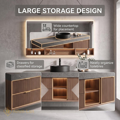 36''-110'' Floating Bathroom Vanity with Sink Slatted Front Grey Top Wood Drawers