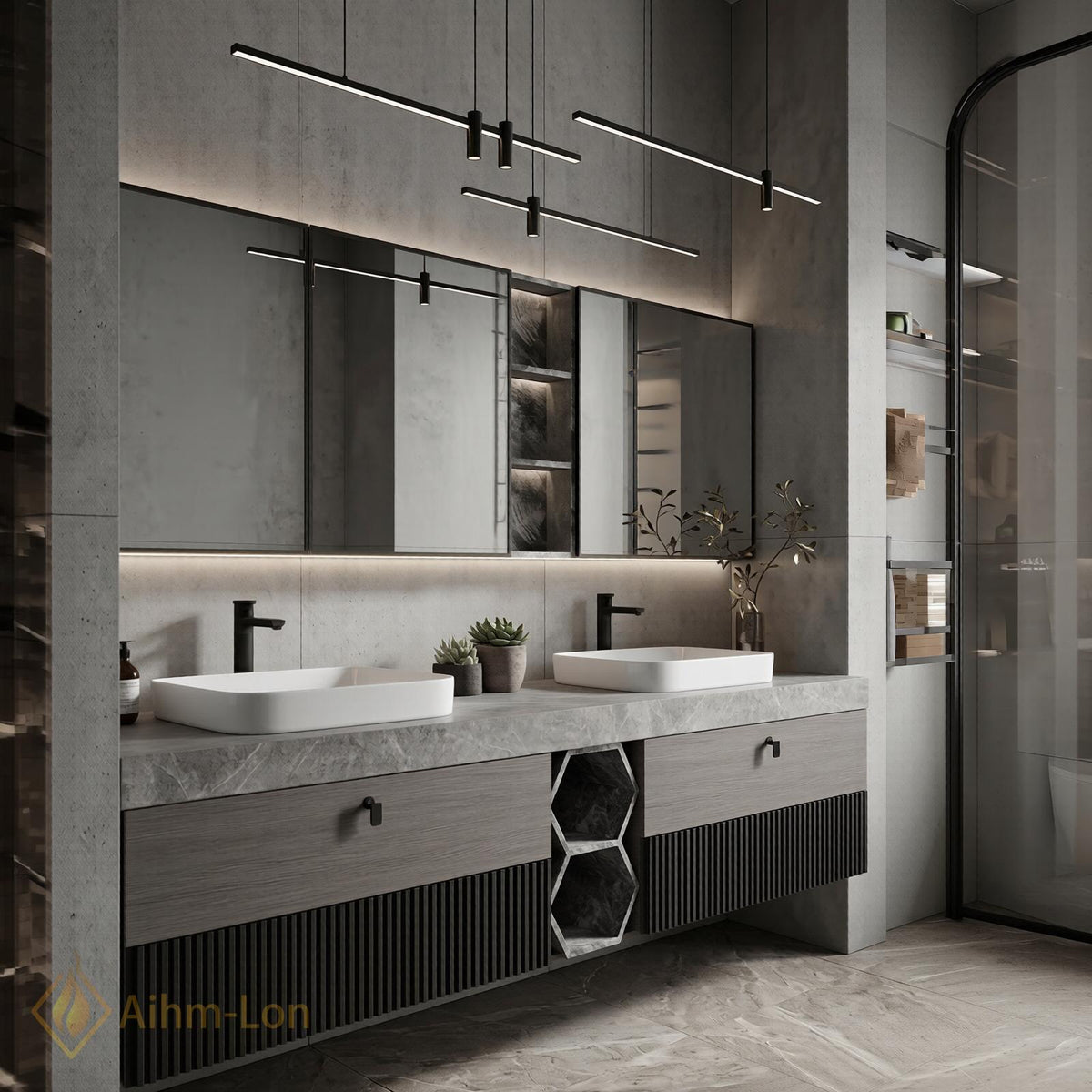 60''-96'' Double Bathroom Vanity with Sink Slate Grey Stone Slatted Center Panel