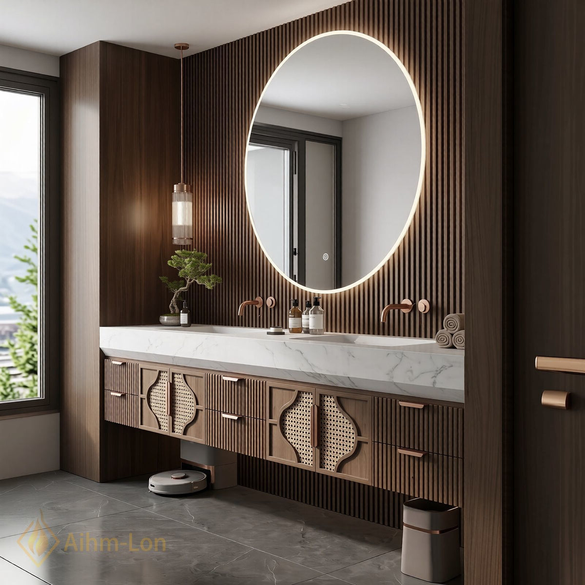 76''-96'' Double Bathroom Vanity with Sink Open Weave Panels Wood Grain Finish