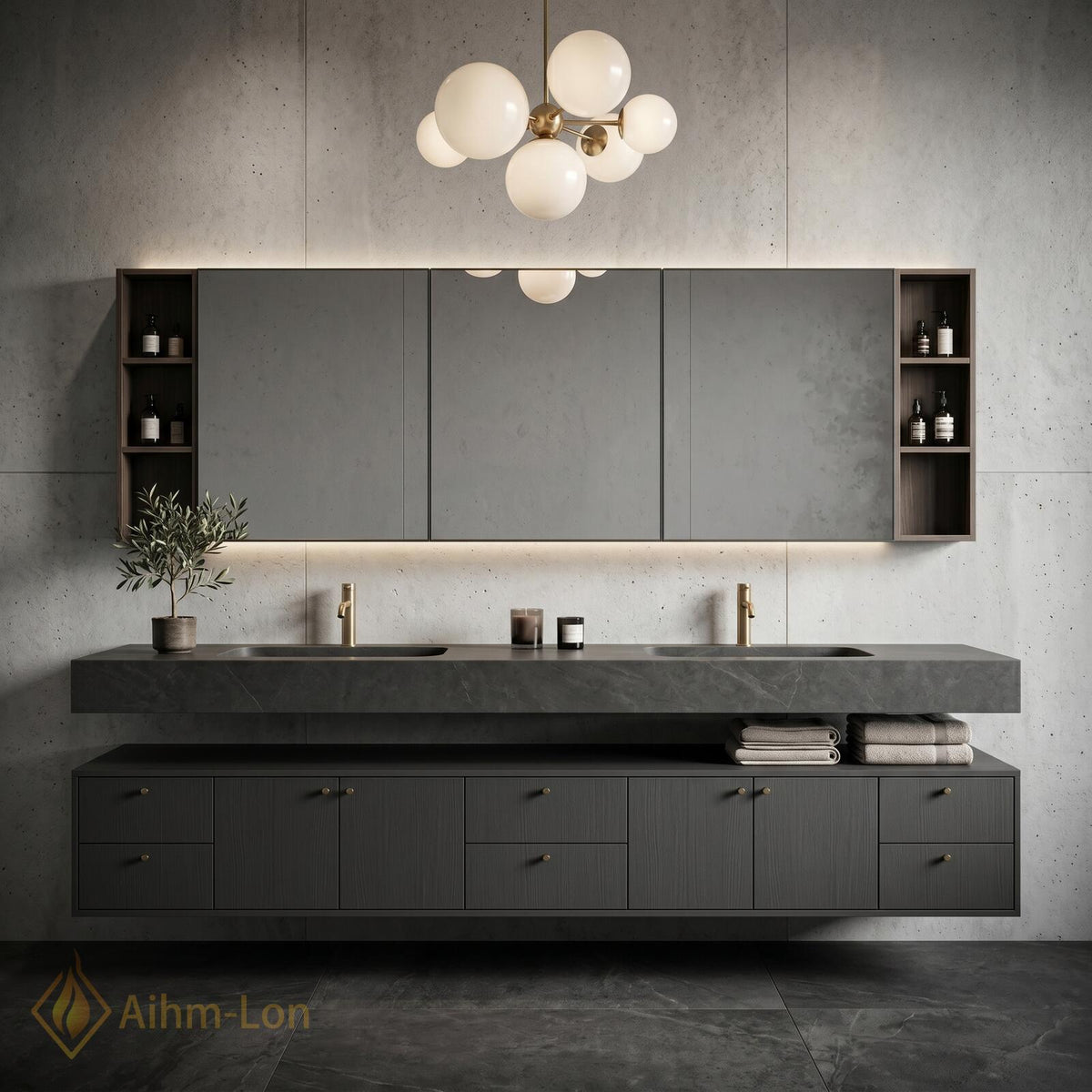 60''-96'' Double Bathroom Vanity with Sink Grey Stone Walnut Drawers Open Storage