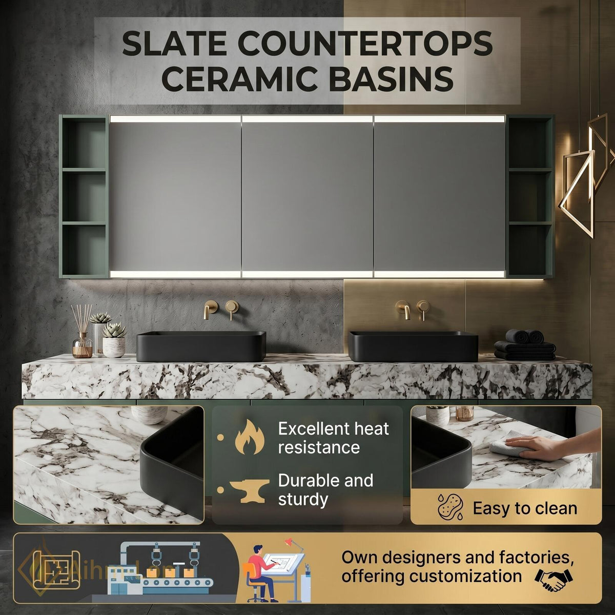 60''-96'' Double Bathroom Vanity with Sink Dark Green Finish White Marble-Style Top