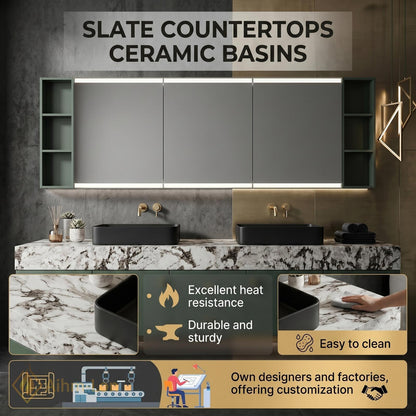 60''-96'' Double Bathroom Vanity with Sink Dark Green Finish White Marble-Style Top
