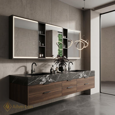 60''-96'' Double Bathroom Vanity with Sink Floating Wood Grain Drawers Countertop Space